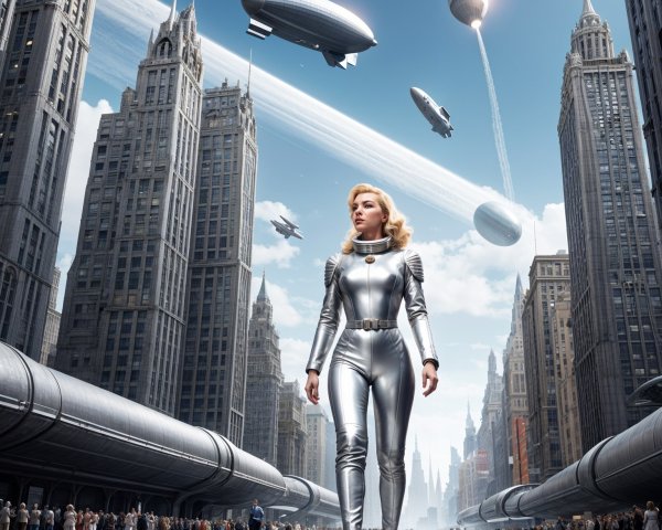 Futuristic cityscape with woman in silver spacesuit
