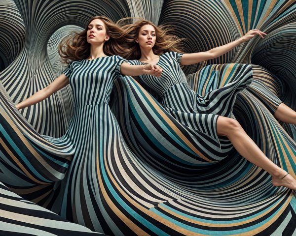 Women in Striped Dresses Against Wave-Like Background