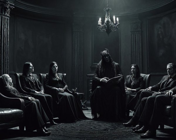 Gothic Gathering of Seven in a Dimly Lit Room