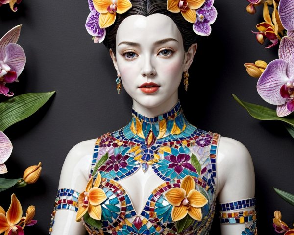 Detailed Mannequin with Vibrant Mosaic Flower Design