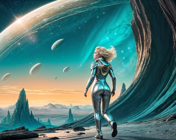 Futuristic Woman in Silver Suit on Alien Landscape