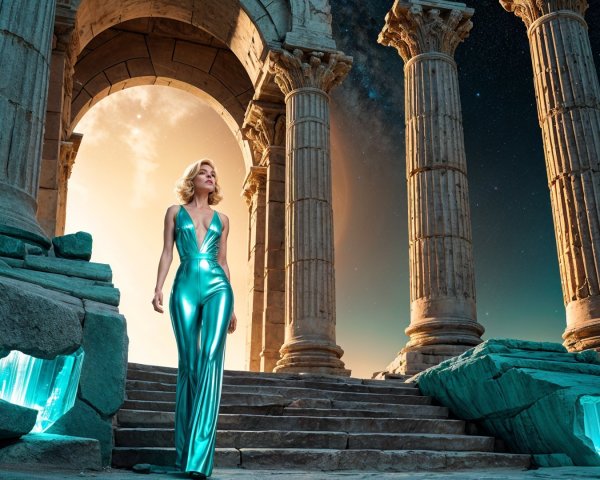 Elegant Woman in Silver Gown on Ancient Stone Steps