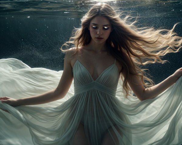 Underwater Scene of a Woman in a Sheer White Dress