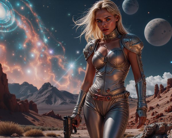 Futuristic Warrior in Alien Landscape with Cosmic Sky