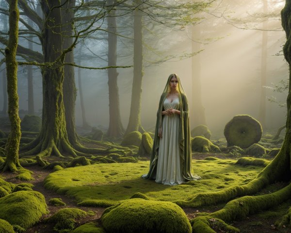 Misty Forest Scene with Woman in Green Dress