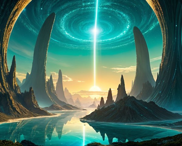 Alien Landscape with Crystalline Spires and Water