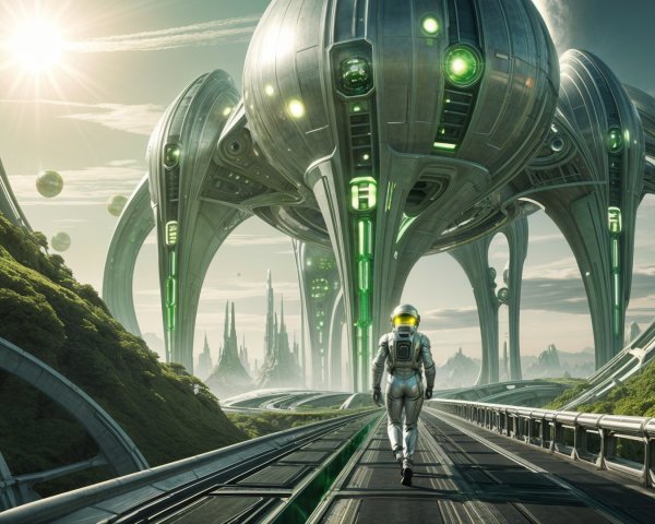 Futuristic landscape with astronaut and organic structures