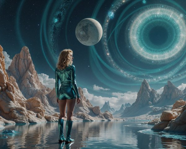 Futuristic Landscape with Woman by Cosmic Water Body