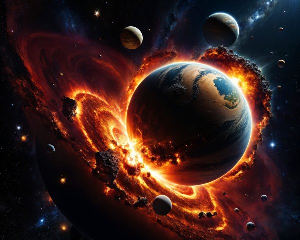 Vibrant Cosmic Scene with Fiery Planet and Stars