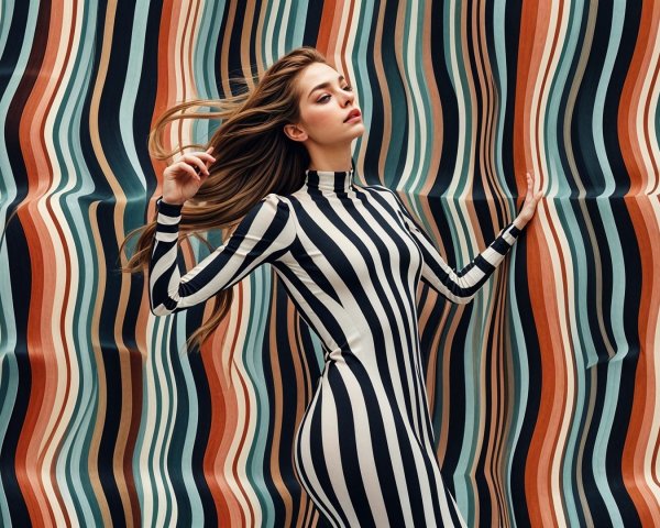 Model in Striped Dress Against Colorful Wavy Background