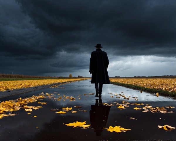 Solitary Figure on Reflective Pathway with Autumn Leaves