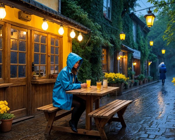 Cozy Alley Scene with Lanterns and Rainy Atmosphere