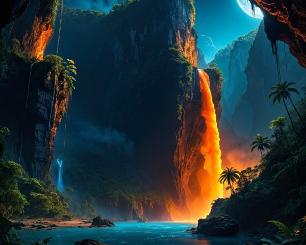Dramatic Canyon with Glowing Waterfall and River