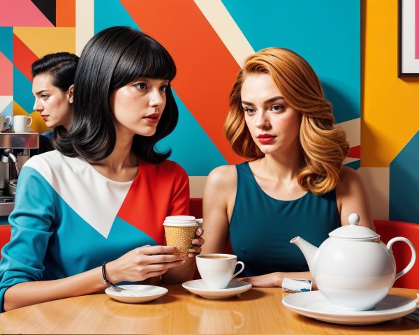 Café Scene with Women and Geometric Wall Art