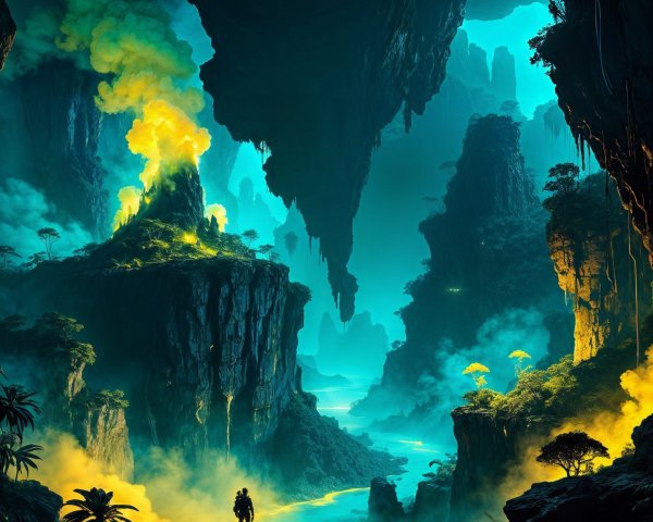 Mystical Landscape with Glowing Mists and Waterfalls
