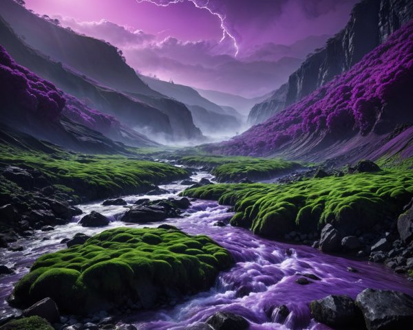 Surreal Landscape with River and Purple Foliage