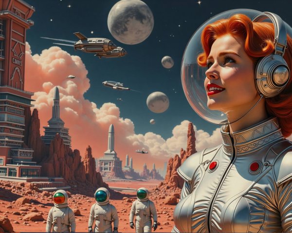 Vintage sci-fi illustration of a woman on Mars