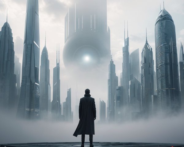 Lone Figure Overlooks Futuristic Dystopian Cityscape