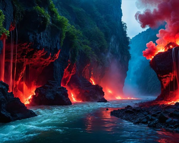 Dramatic Landscape of Flowing Lava and Waterfalls