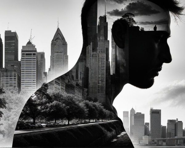 Double Exposure of Cityscape and Nature in Silhouette