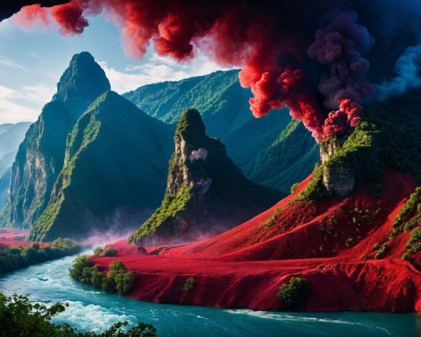 Dramatic Landscape of Green Mountains and Crimson Smoke