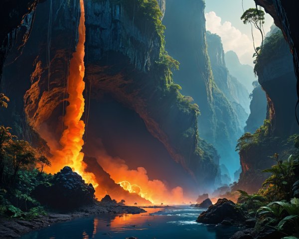 Majestic Waterfall and Lava Flow in Scenic Landscape