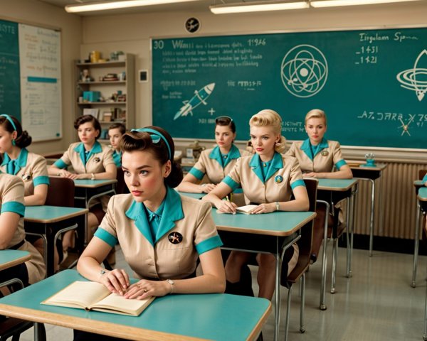 Classroom with Young Women in Retro Uniforms and Diagrams