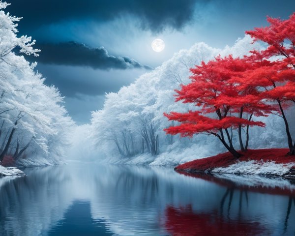 Serene Night Landscape with Moonlit River and Trees