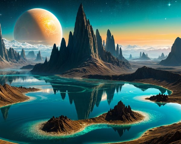 Alien Landscape with Mountains and Turquoise Lake