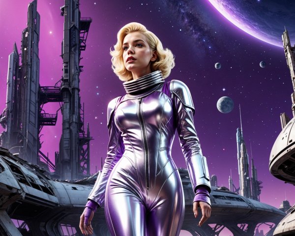 Futuristic scene of a woman in a purple space suit