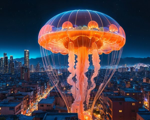 Luminous Jellyfish Above Nighttime Cityscape