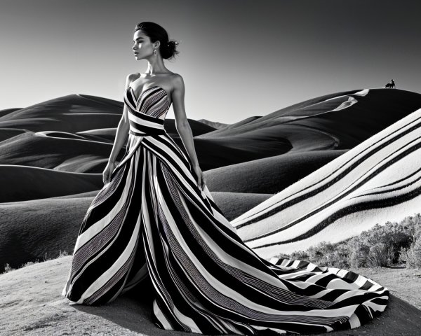 Model in Black and White Striped Gown in Desert Landscape