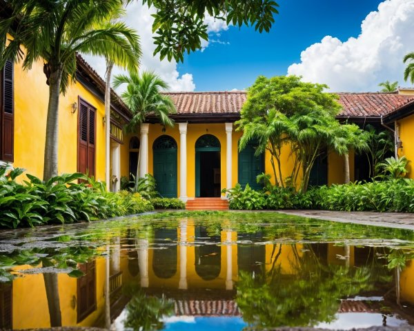 Vibrant Colonial Courtyard with Tropical Plants and Pool