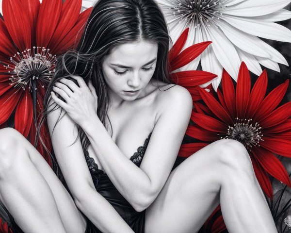 Young Woman Surrounded by Red and White Flowers