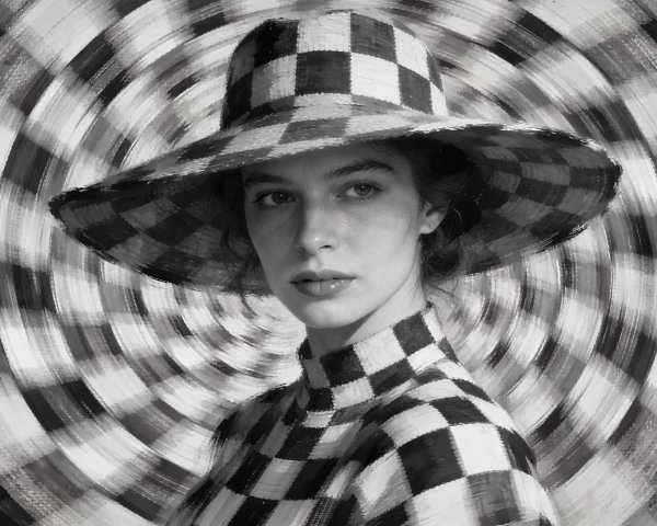 Grayscale Headshot of Woman in Checkerboard Hat and Shirt