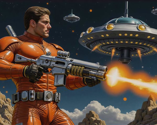 Retro Sci-Fi Painting of Muscular Man in Spacesuit