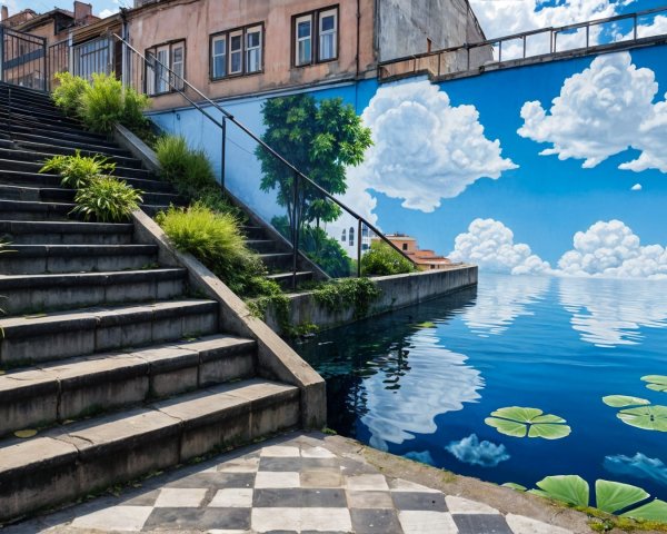 Concrete Stairs with Mural and Serene Water Reflection