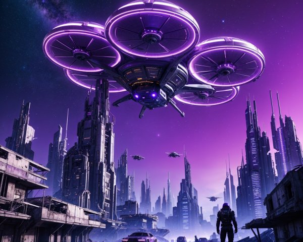 Futuristic Dystopian Landscape with Hovering Spacecraft