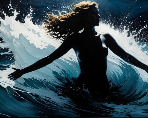 Silhouette of a Woman Amidst Crashing Ocean Waves