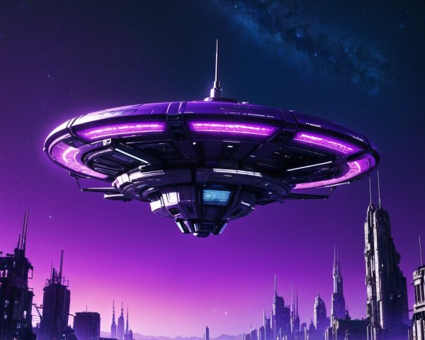 Futuristic cityscape with UFO and cosmic sky