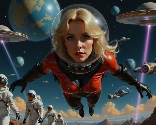 Digital Artwork of Woman in Astronaut Helmet in Space