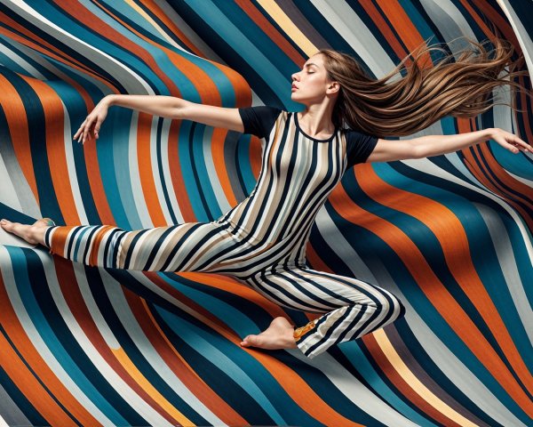 Dancer in Striped Jumpsuit Against Colorful Backdrop