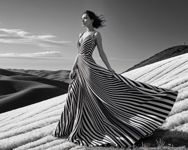 Woman in Striped Dress on Sand Dunes with Clouds