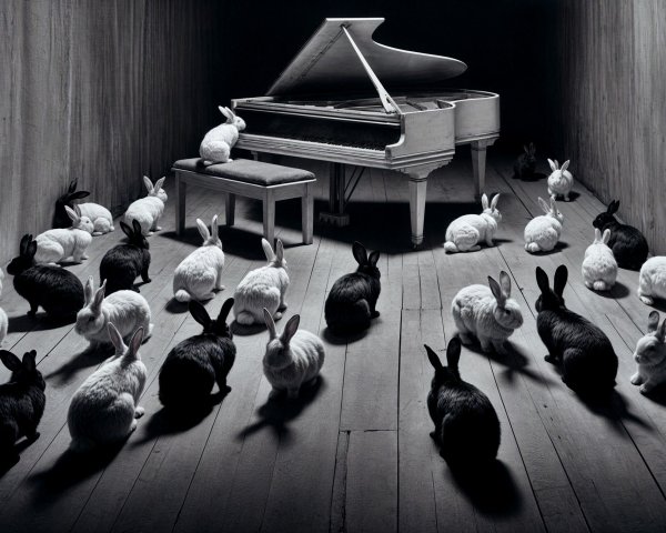 Piano Surrounded by Attentive Rabbits in Monochrome