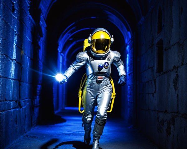 Futuristic astronaut in silver suit in dim corridor