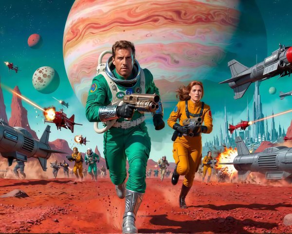 Retro Sci-Fi Illustration of Martian Landscape Battle