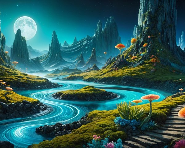 Surreal landscape with moonlit river and oversized flora