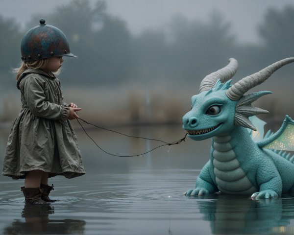 Child in Trench Coat with Cartoon Dragon in Water