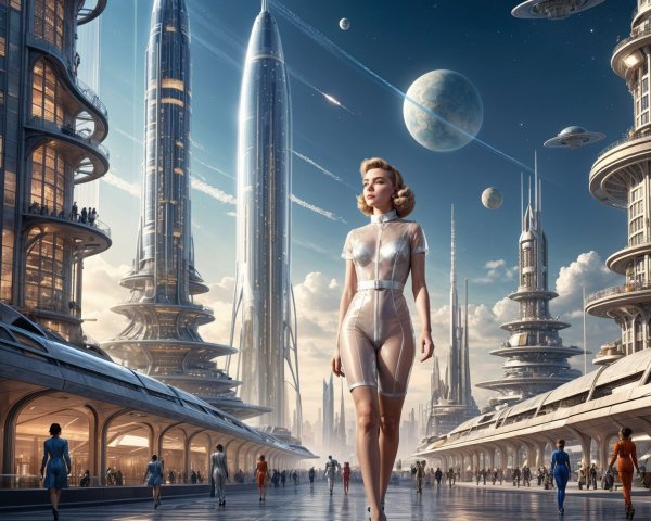 Futuristic cityscape with skyscrapers and vibrant sky