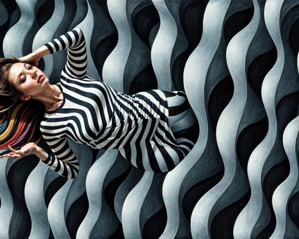 Woman in Striped Outfit on Wavy Black and White Background